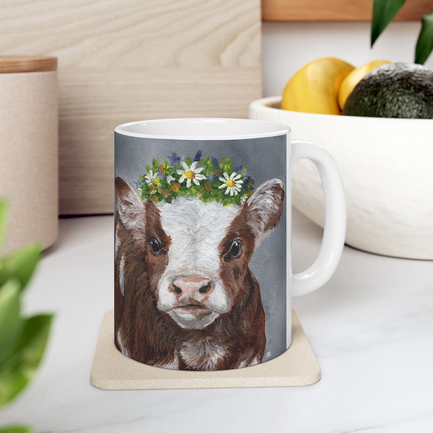Cow with Daisy Crown Ceramic Mug — Cute Farm Animal Coffee Cup (11oz, 15oz)