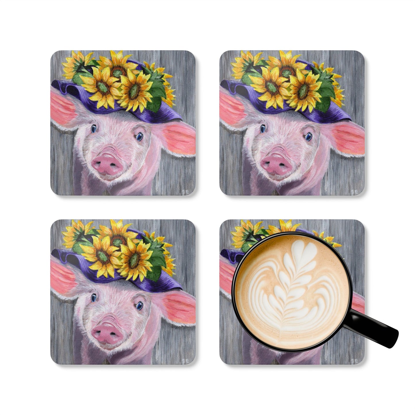 Sunflower Pig Cork Coaster Set — Cute Farmhouse Drink Coasters (4-Pack)
