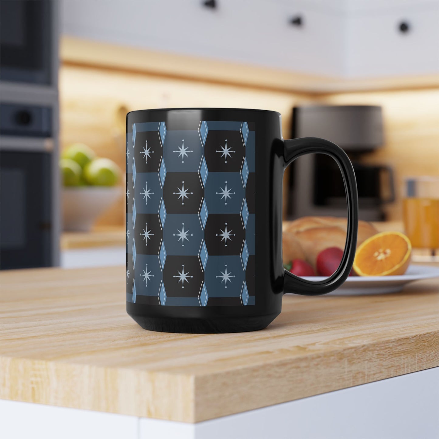 Retro Starburst Pattern Black Coffee Mug — Mid-Century Geometric 11oz/15oz