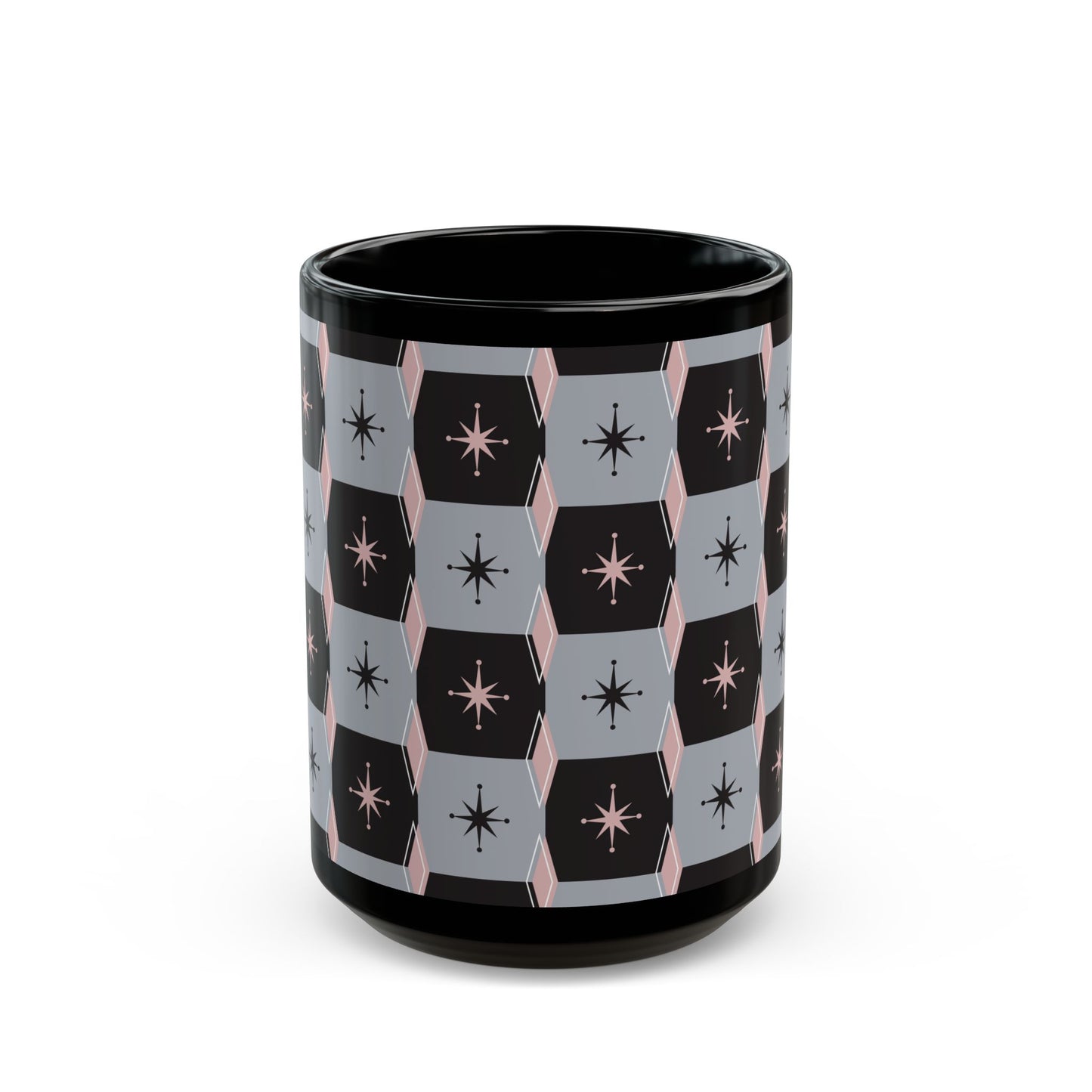 Retro Starburst Black Mug — Mid-Century Geometric Coffee Cup (11oz/15oz)