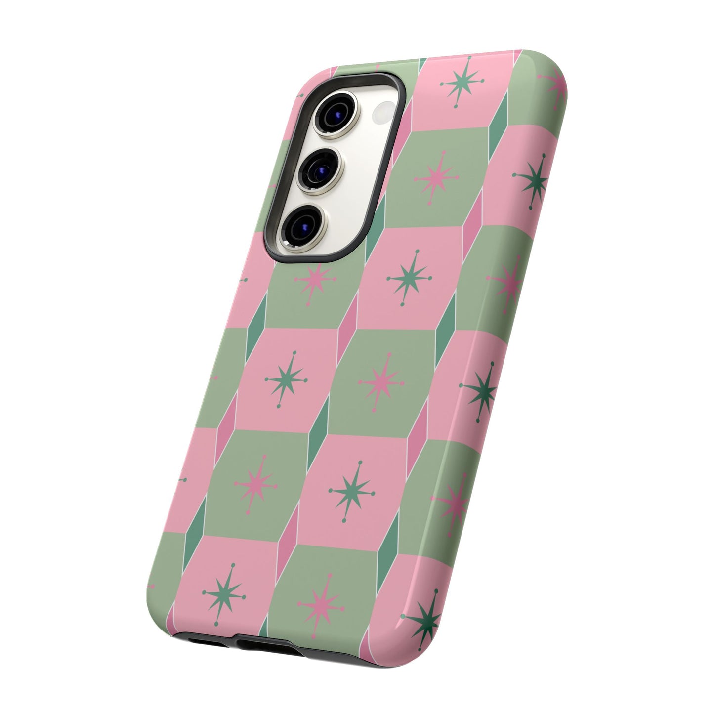 1950s Retro Square and Diamond Pattern in Pink and Green Tough Cases