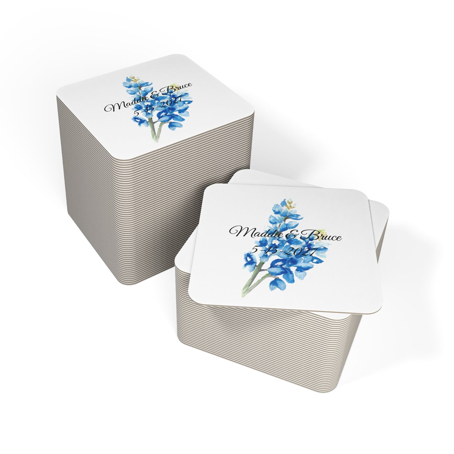 Coasters - Personalized Blue Floral Wedding Coasters (Custom Names & Date)