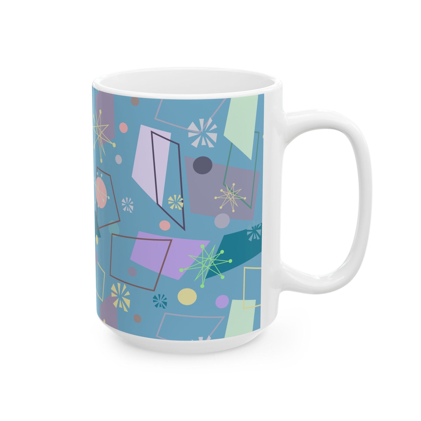 Retro Geometric Ceramic Mug — Mid-Century Modern Atomic Pattern (11oz & 15oz)