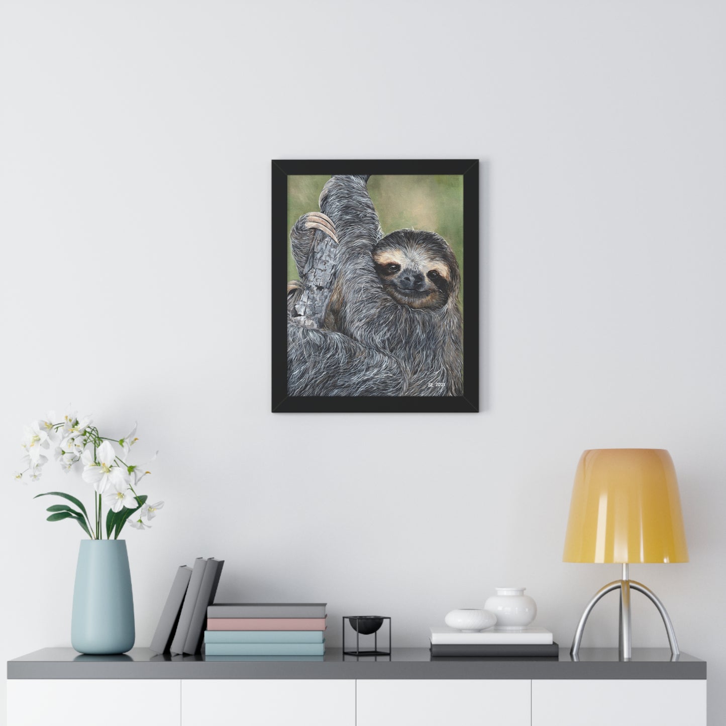 Framed Sloth Art Print — Cute Hanging Sloth Poster for Nursery & Living Room