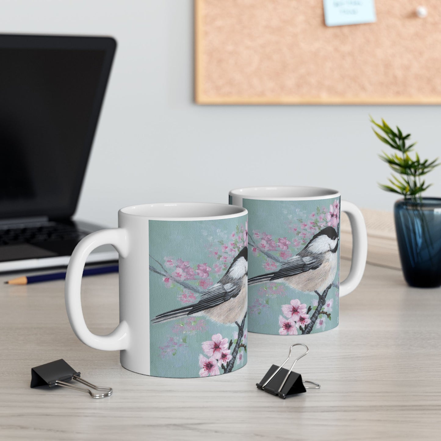 Chickadee Blossom Ceramic Mug — Floral Bird Coffee Cup (11oz & 15oz)