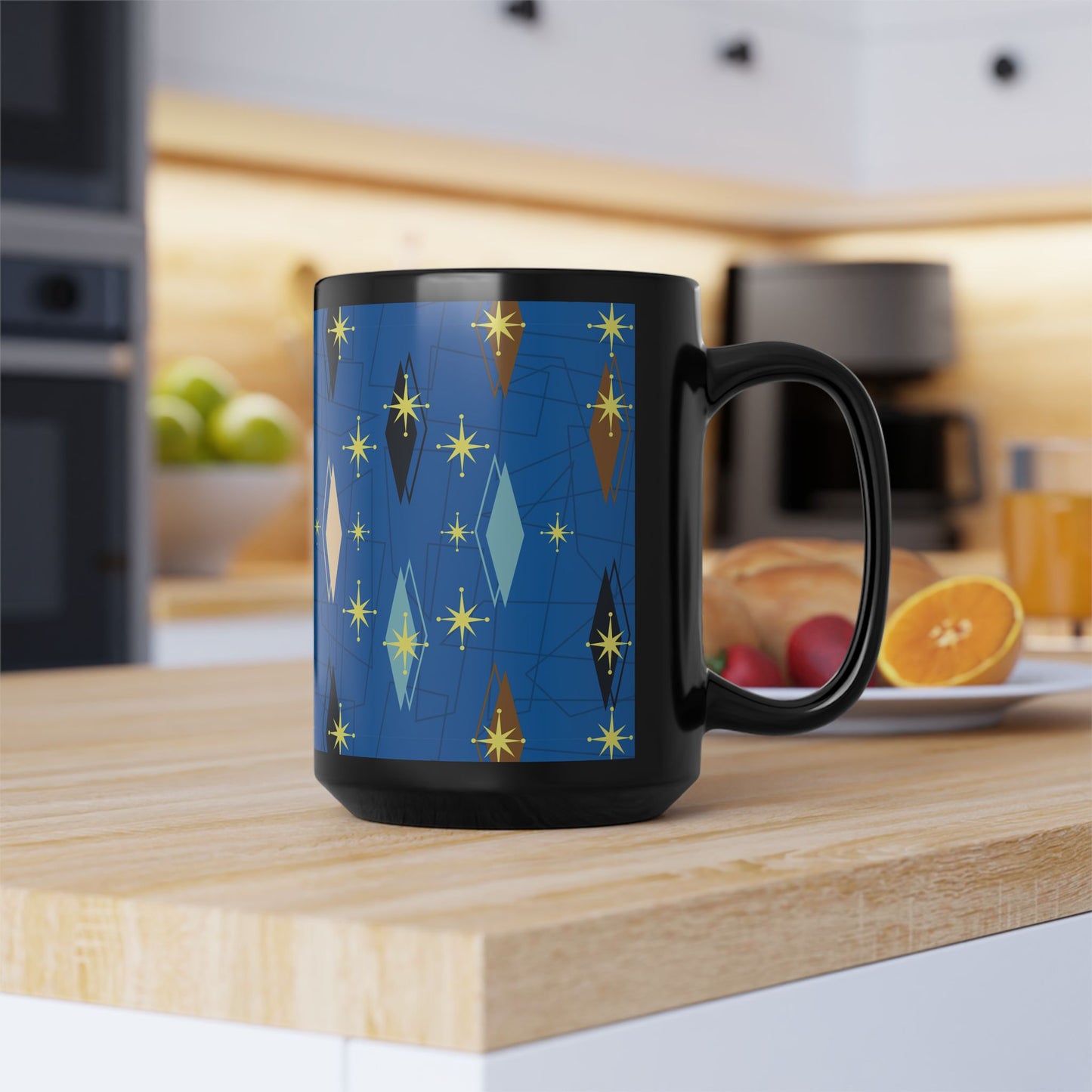 Retro Mid-Century Starburst Pattern Black Coffee Mug — Blue Geometric 11oz/15oz