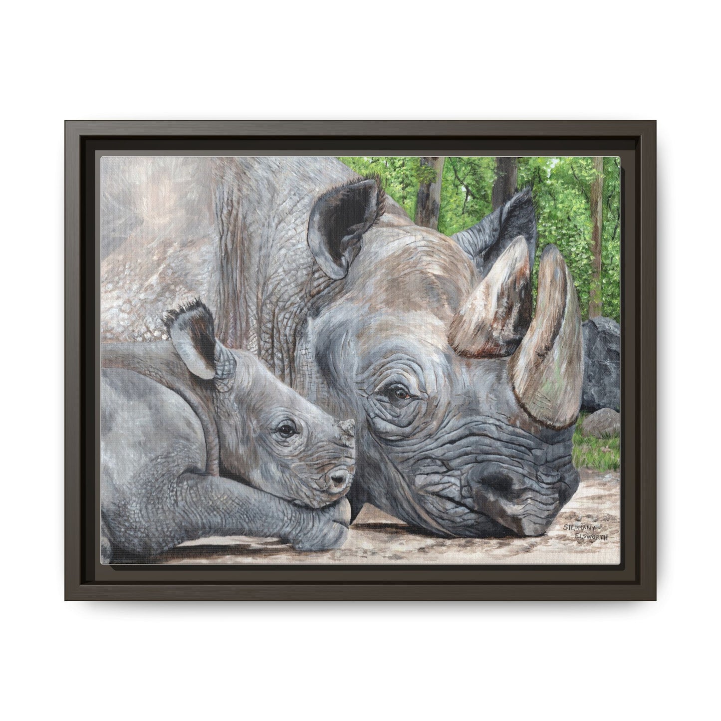 Framed Rhino & Calf Matte Canvas Print — Wildlife Nursery Wall Art