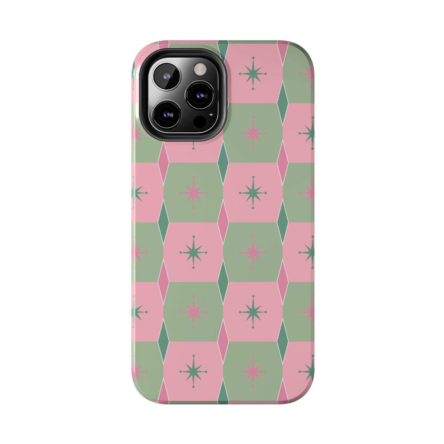 1950s Retro Square and Diamond Pattern in Pink and Green Tough iPhone Cases