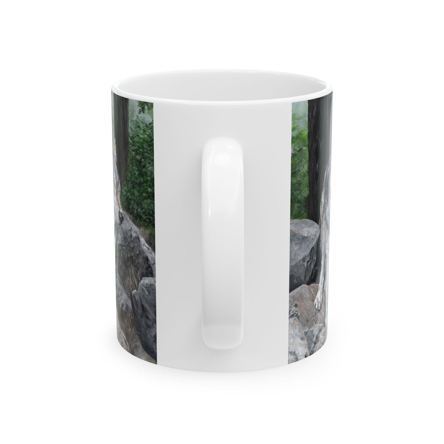 Wolf in the Woods Ceramic Mug — Rustic Nature Coffee Cup (11oz/15oz)
