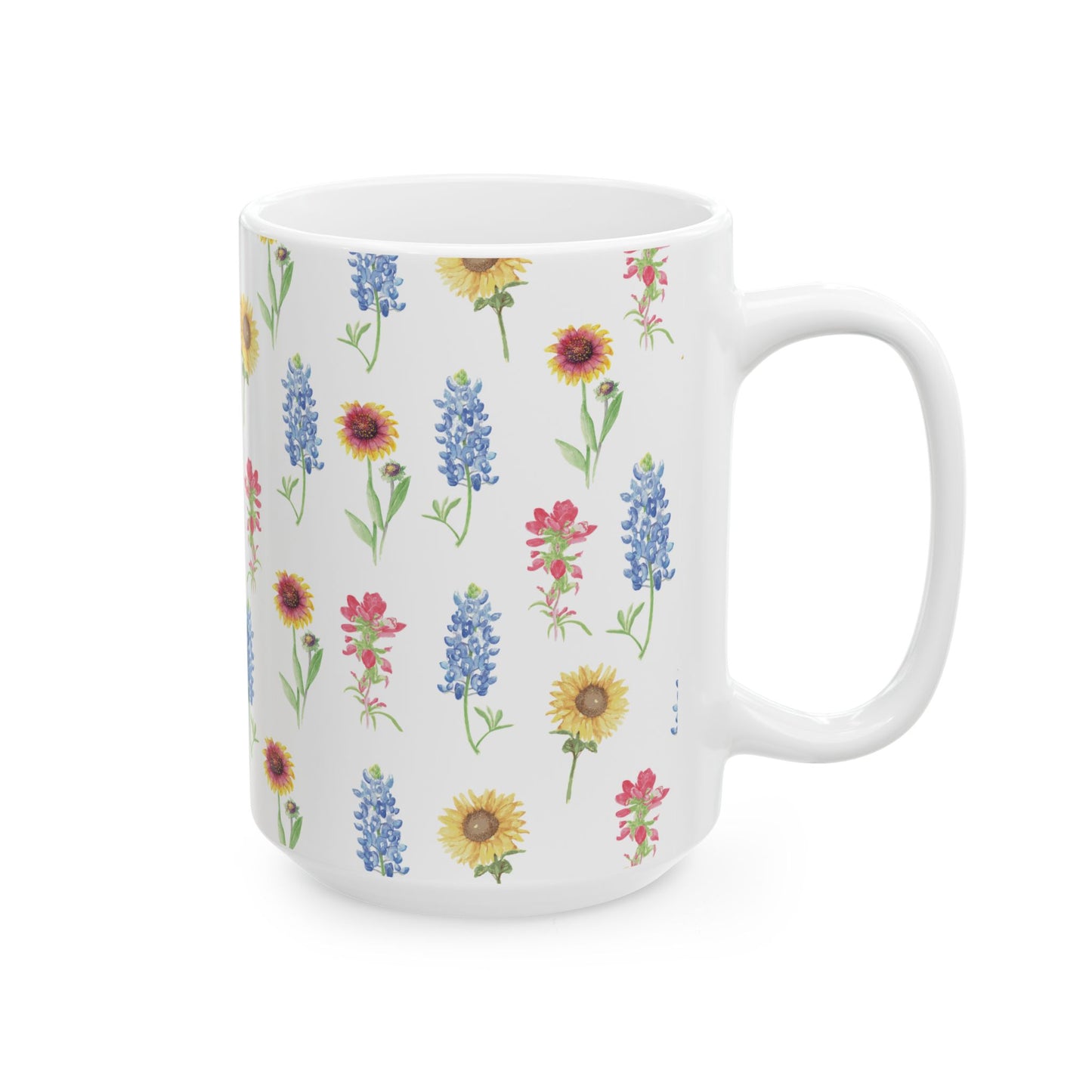 Texas Wildflower Mug — Sunflower & Bluebonnet Ceramic Coffee Cup (11oz, 15oz)