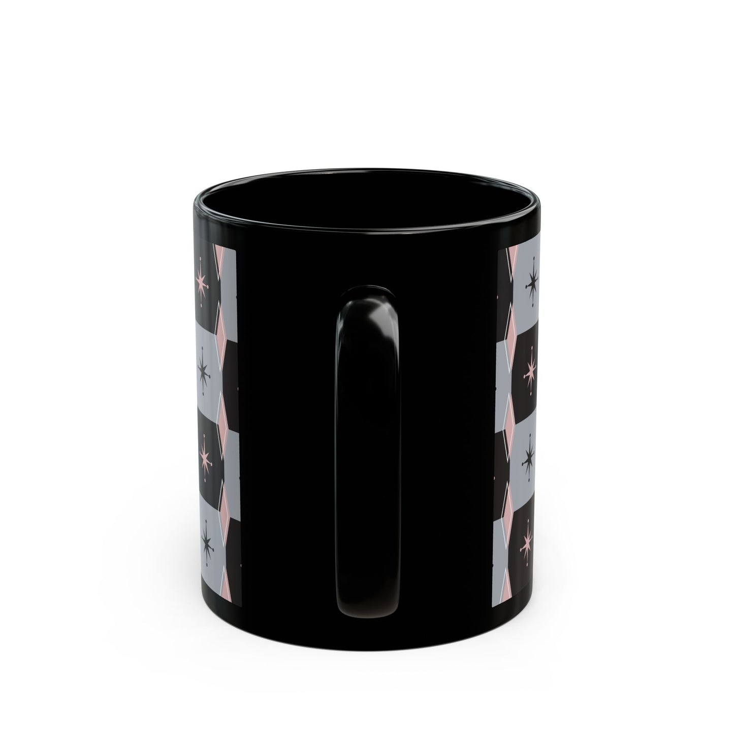 Retro Starburst Black Mug — Mid-Century Geometric Coffee Cup (11oz/15oz)