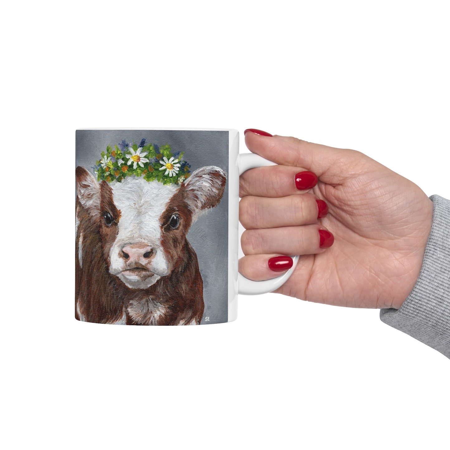 Cow with Daisy Crown Ceramic Mug — Cute Farm Animal Coffee Cup (11oz, 15oz)