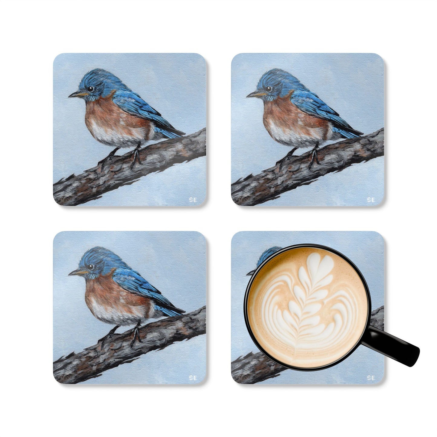 Bluebird Cork Coaster Set — Hand-Painted Bird Art Drink Coasters (4-Pack)