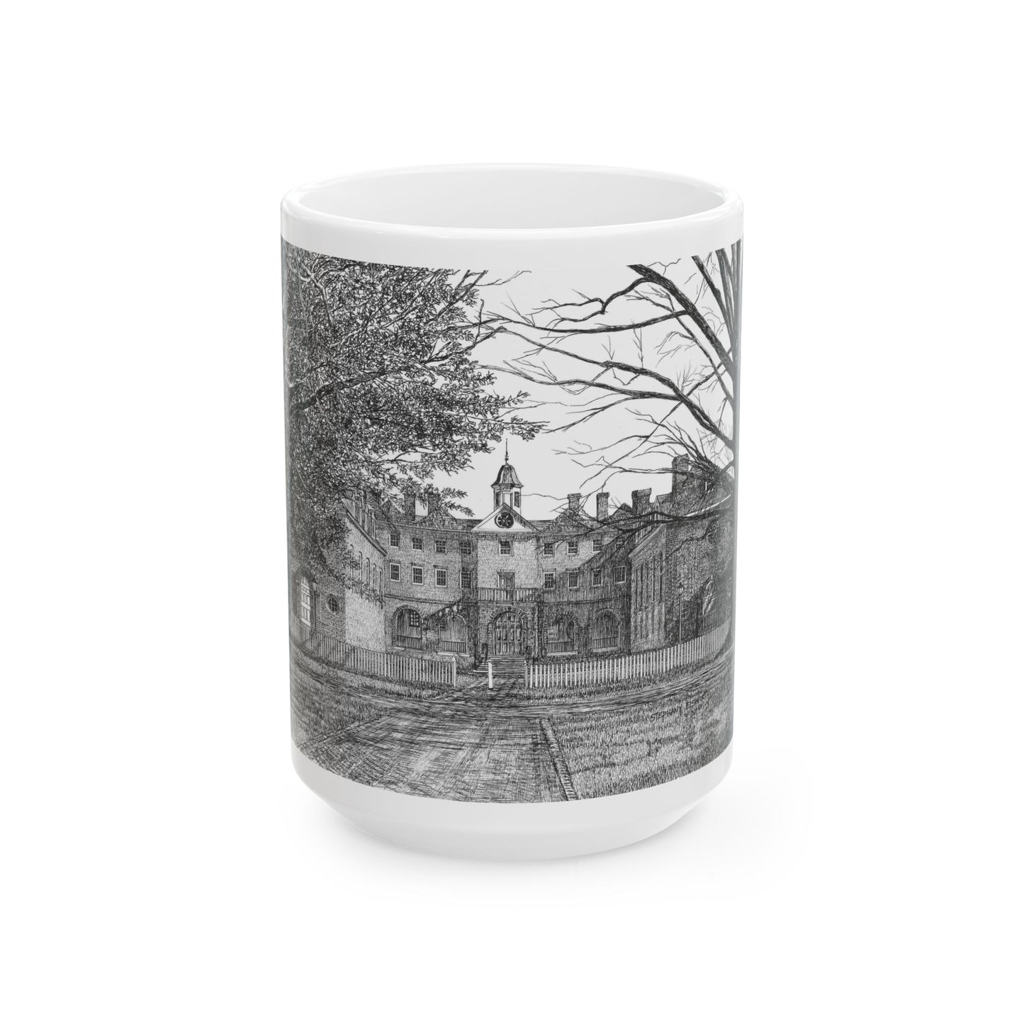 Wren Building, CWM Ceramic Mug — Black & White Architectural Illustration (11oz, 15oz)
