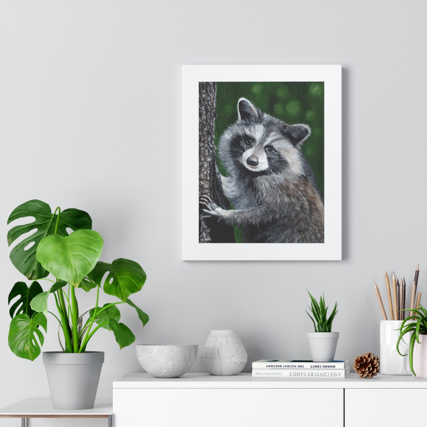 Framed Raccoon Poster — Cute Woodland Animal Wall Art (Vertical)