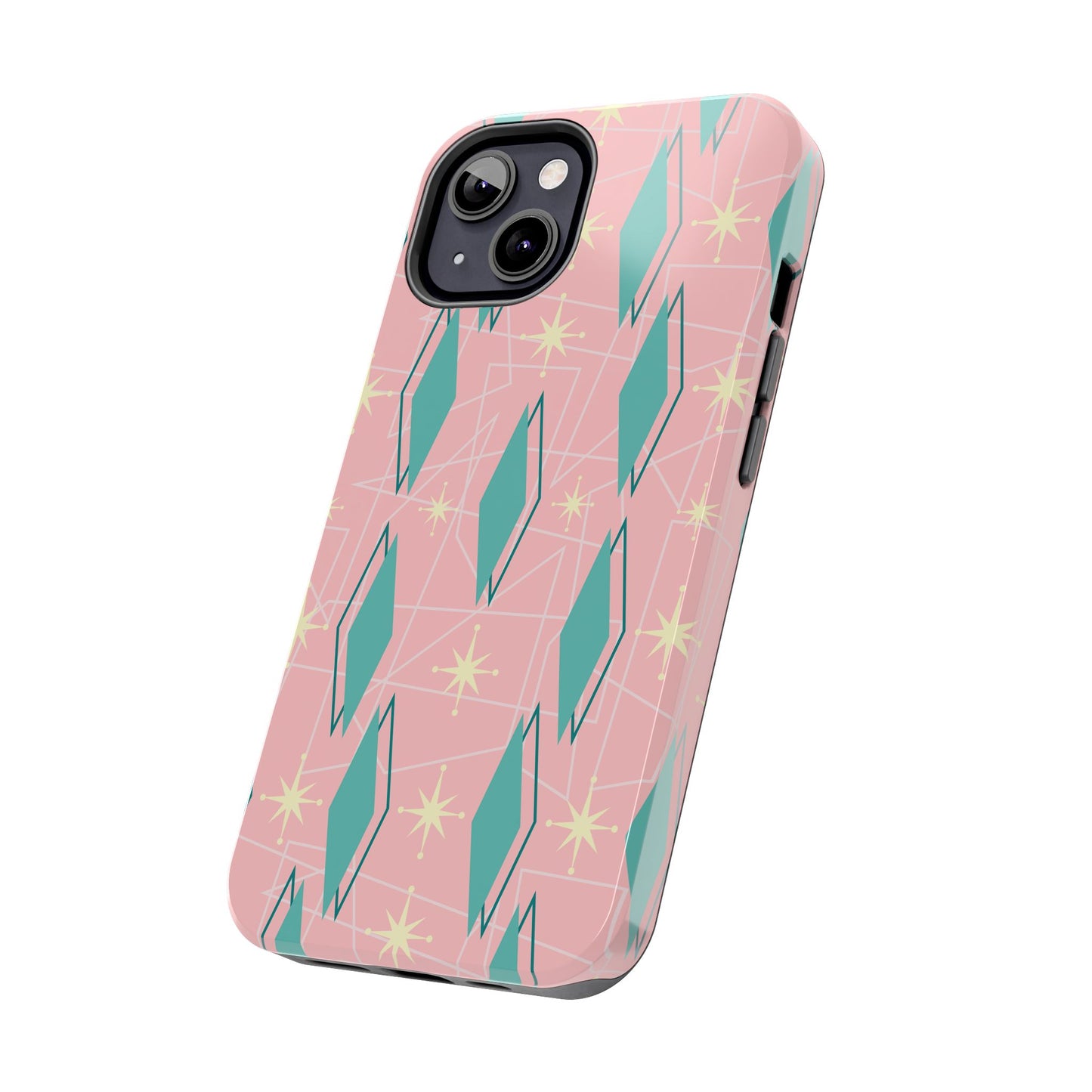 1950s Retro Star and Diamond Pattern in Pink and Green Tough iPhone Case