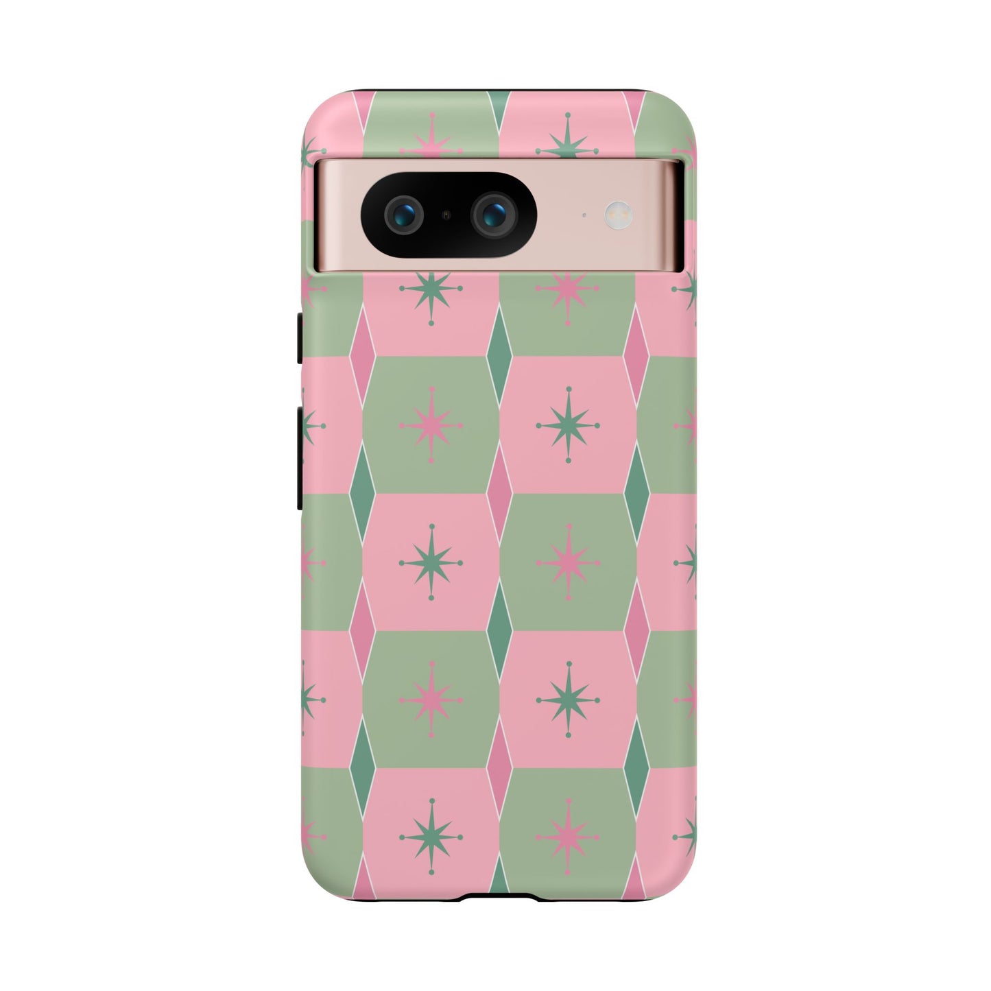 1950s Retro Square and Diamond Pattern in Pink and Green Tough Cases