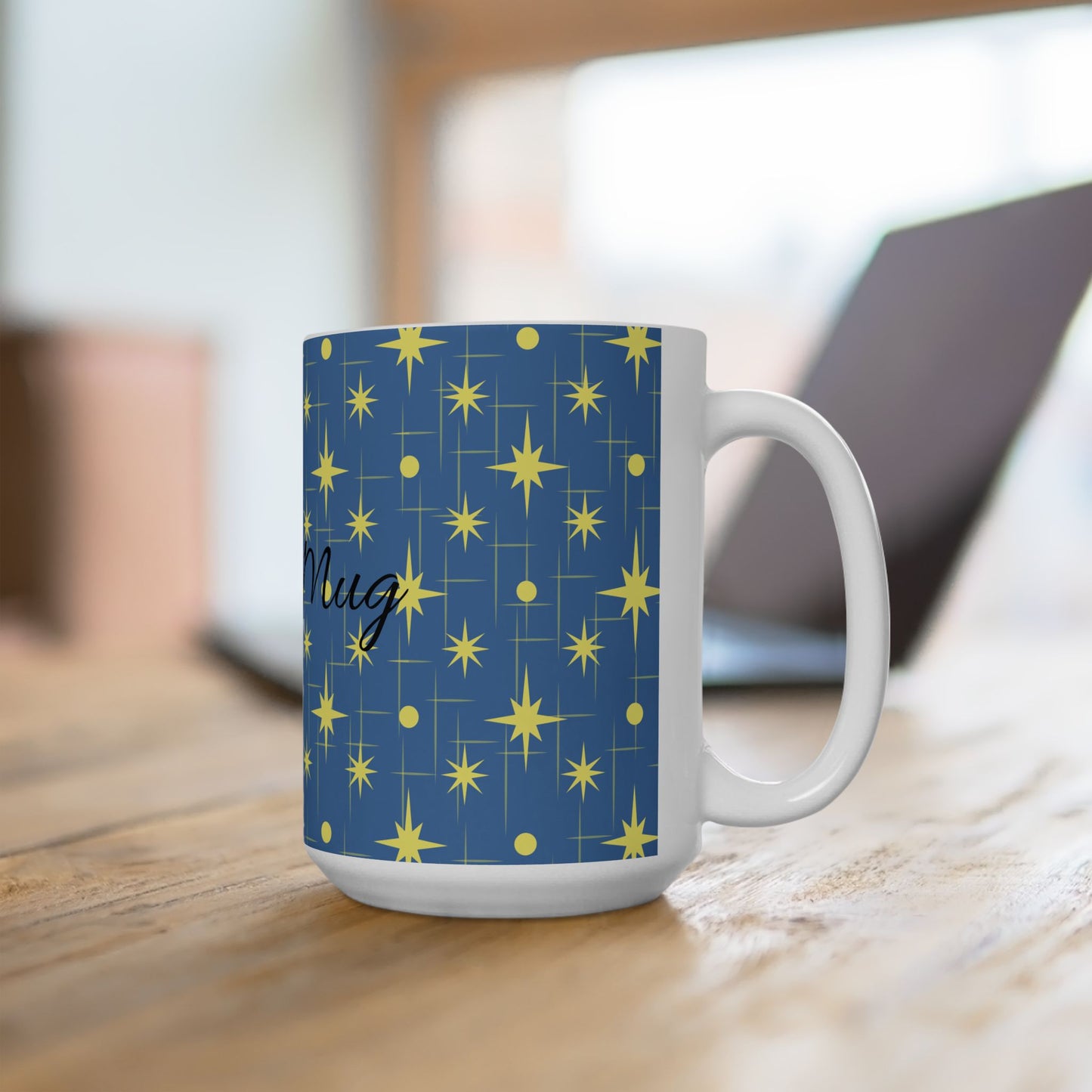 Retro Star Pattern Ceramic Mug — Blue & Yellow 11oz/15oz