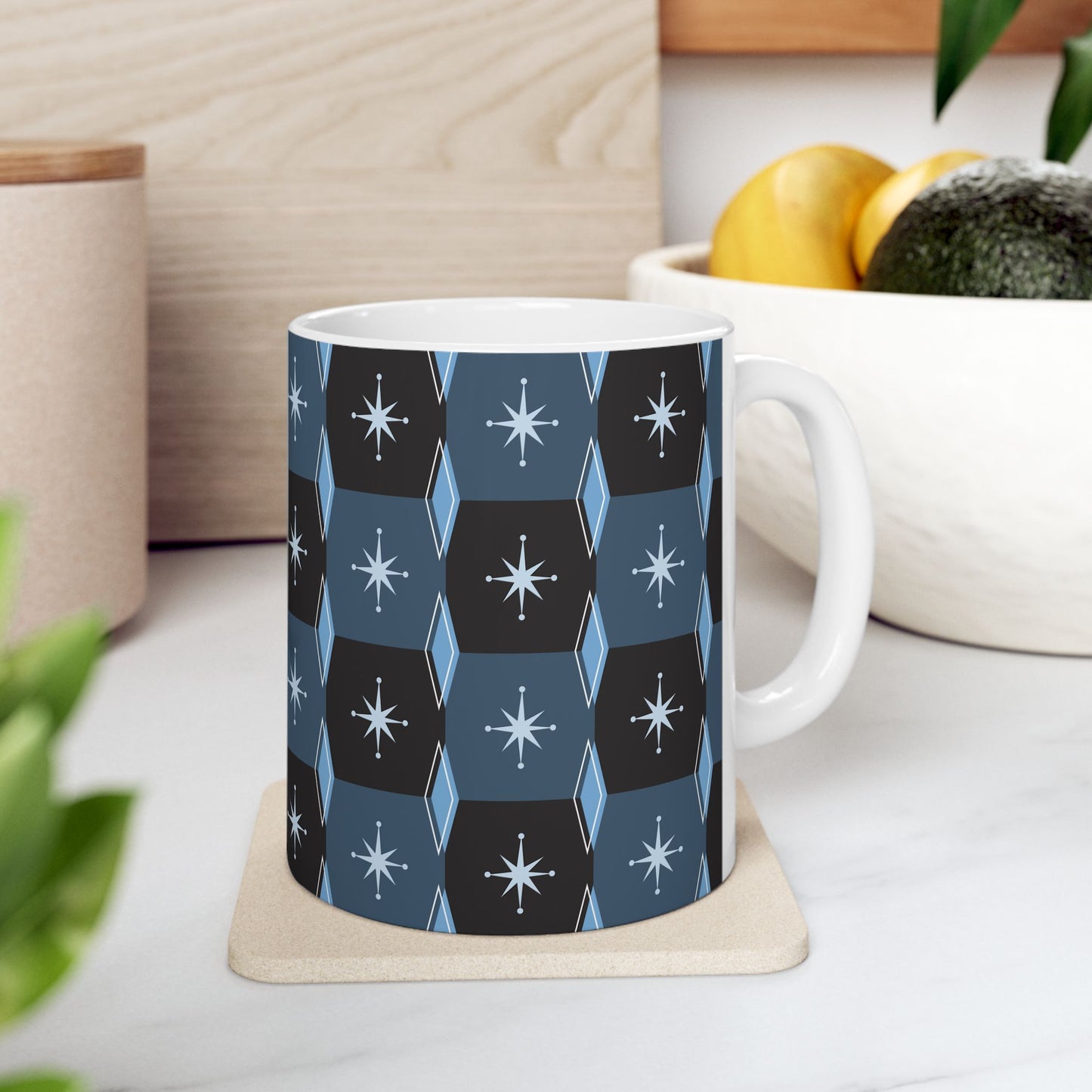 Retro Starburst Pattern Ceramic Mug — Mid-Century Modern Blue Coffee Cup (11oz, 15oz)