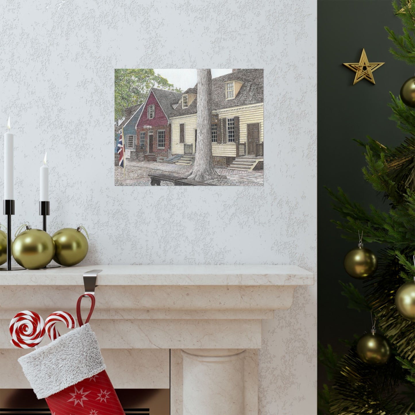 Colonial Williamsburg Street Scene Matte Poster – Historic Waterfront Houses Wall Art