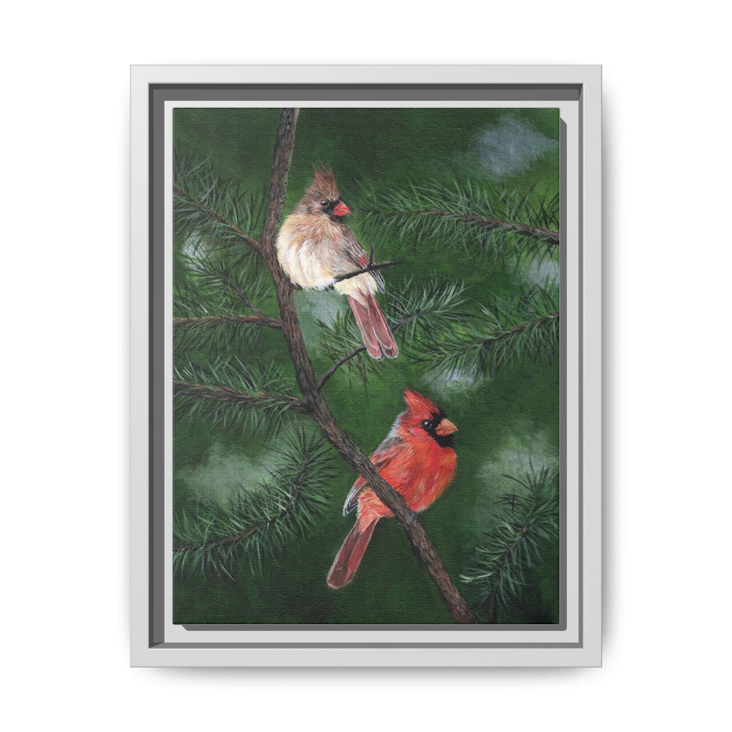 Framed Cardinal Canvas Print – Pair of Cardinals Pine Tree Wall Art