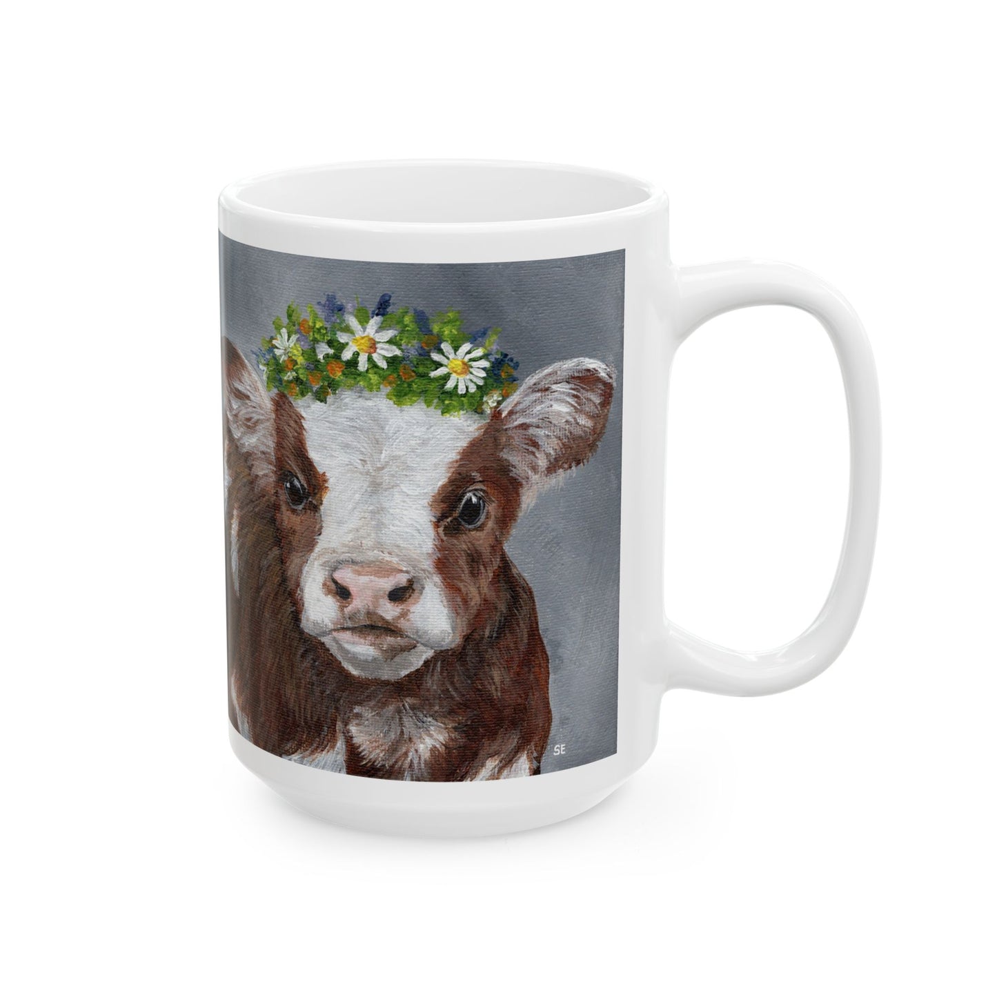 Cow with Daisy Crown Ceramic Mug — Cute Farm Animal Coffee Cup (11oz, 15oz)