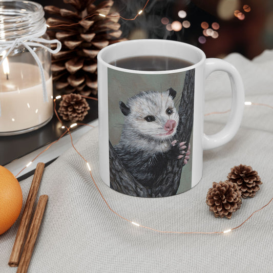 Opossum Art Ceramic Mug — Cute Wildlife Tree-Climbing Possum Coffee Cup (11oz/15oz)