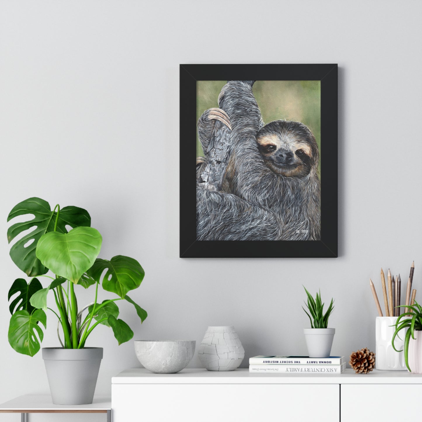 Framed Sloth Art Print — Cute Hanging Sloth Poster for Nursery & Living Room