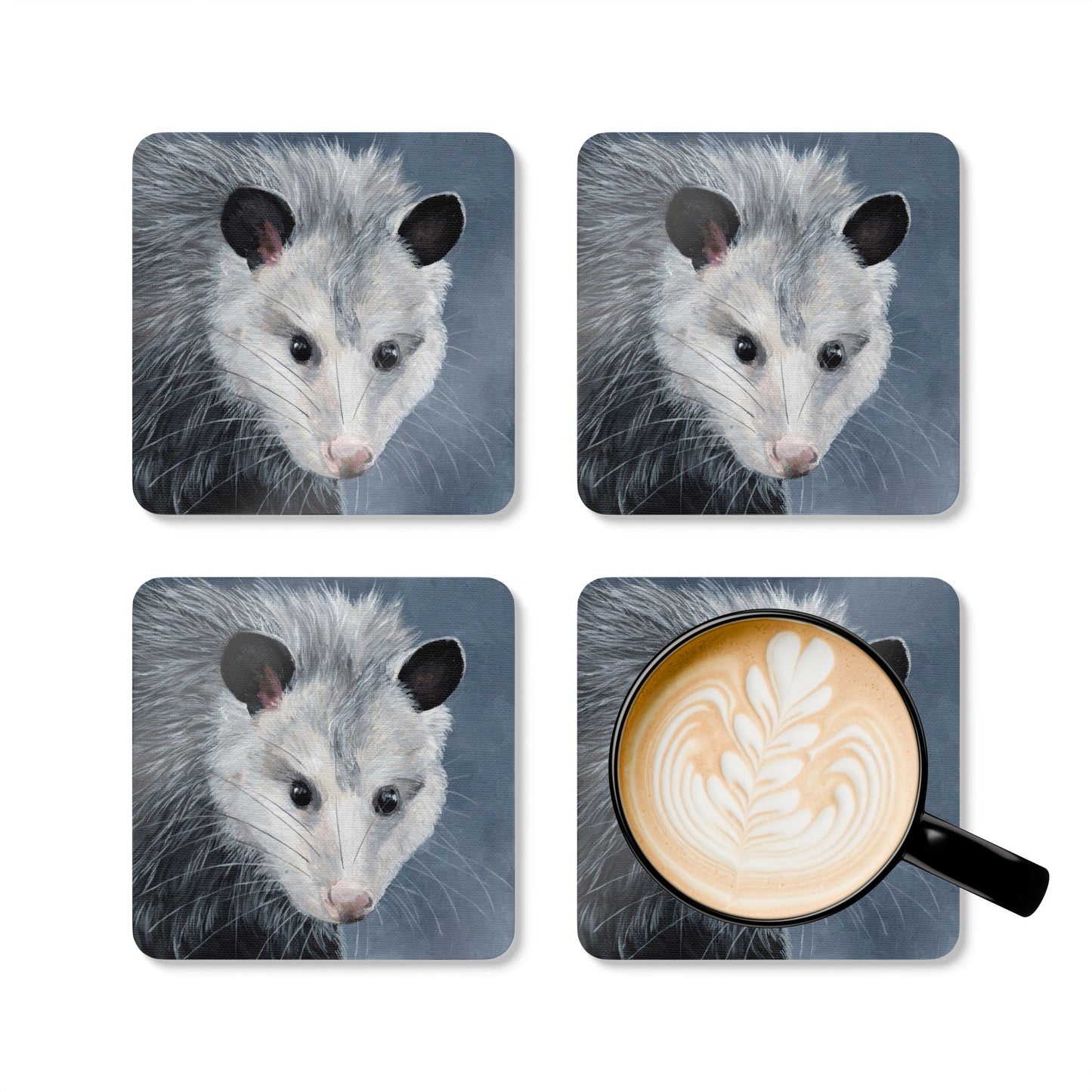 Opossum Cork Coaster Set — Hand-Painted Wildlife Drink Coasters (4-Pack)
