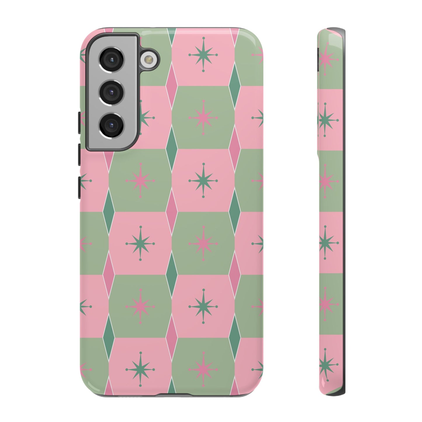 1950s Retro Square and Diamond Pattern in Pink and Green Tough Cases