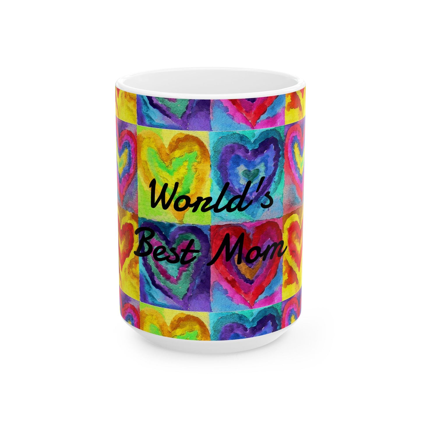 World's Best Mom Ceramic Mug — Colorful Watercolor Hearts, Mother's Day Gift (11oz & 15oz)