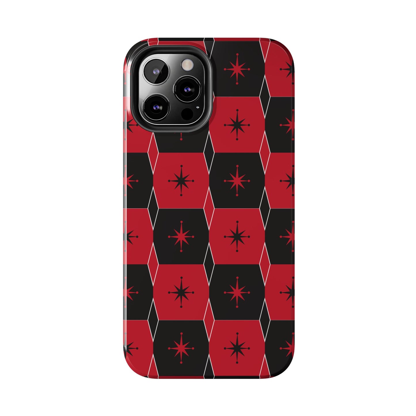 Square and Diamond Pattern in Red and Black Tough iPhone Case