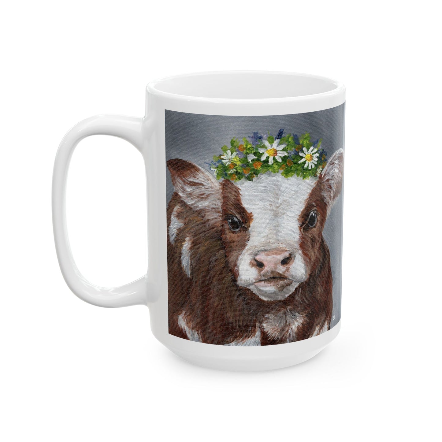 Cow with Daisy Crown Ceramic Mug — Cute Farm Animal Coffee Cup (11oz, 15oz)