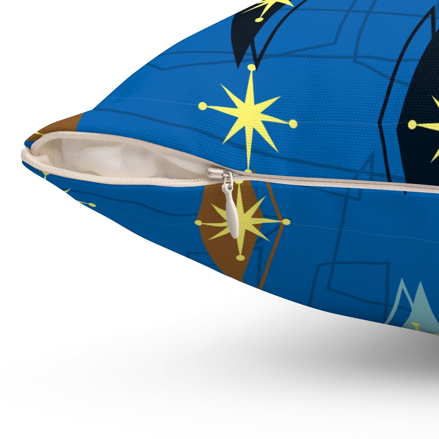 Mid-Century Starburst Decorative Pillow — Retro Blue Geometric Accent