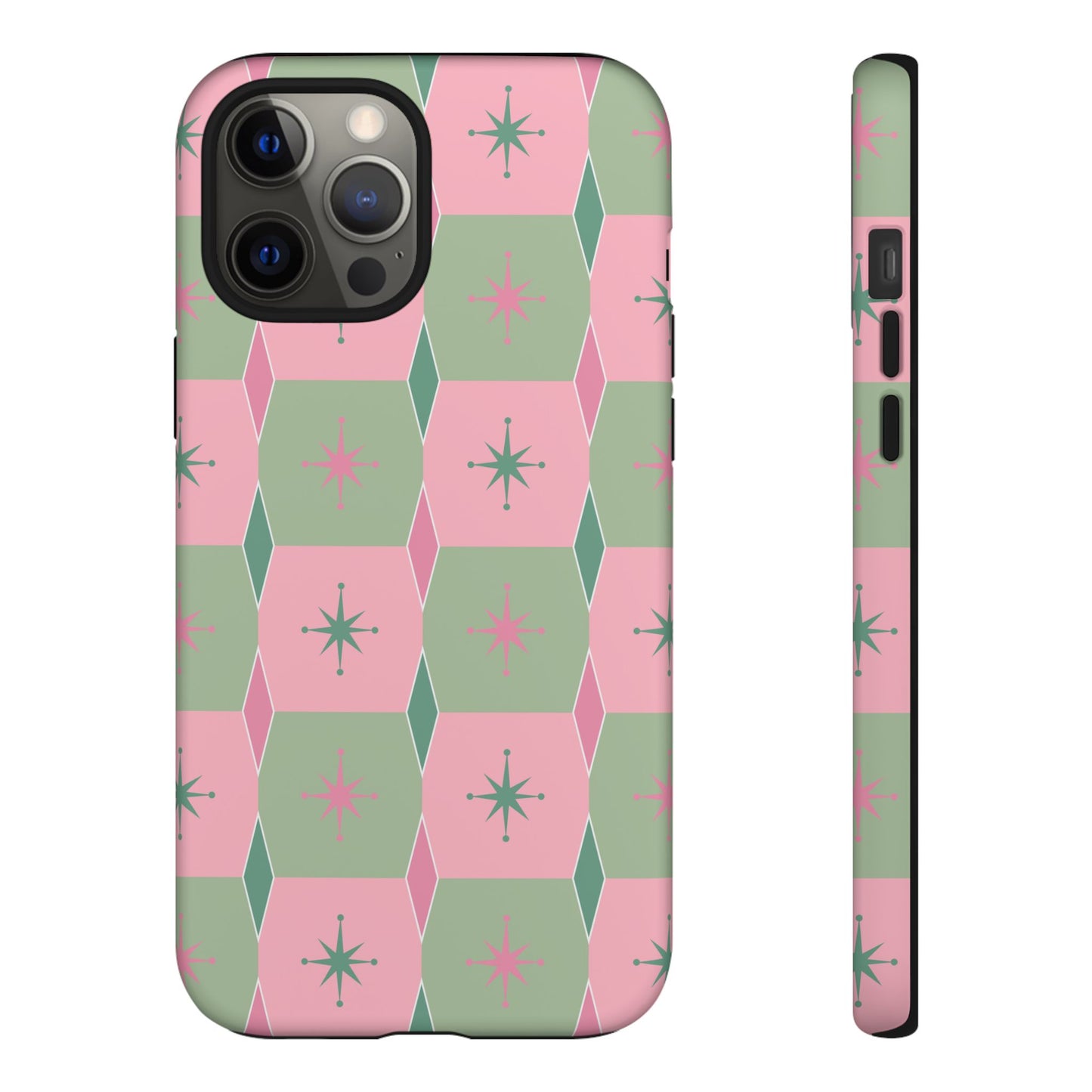 1950s Retro Square and Diamond Pattern in Pink and Green Tough Cases