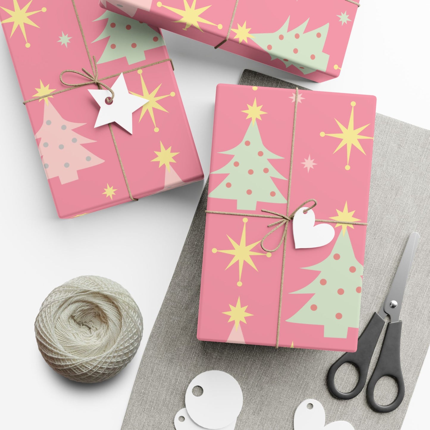 Pink Retro Christmas Tree Gift Wrap Paper — Holiday Wrapping Sheets
