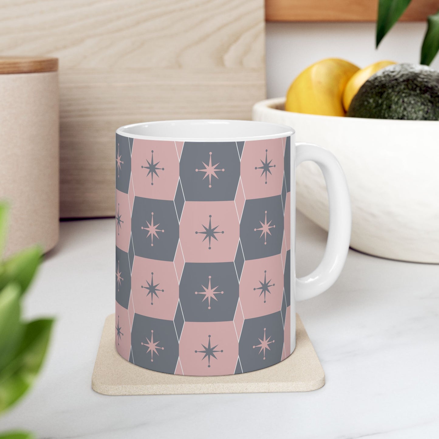Mid-Century Starburst Ceramic Mug — Pink & Slate Geometric Pattern (11oz, 15oz)