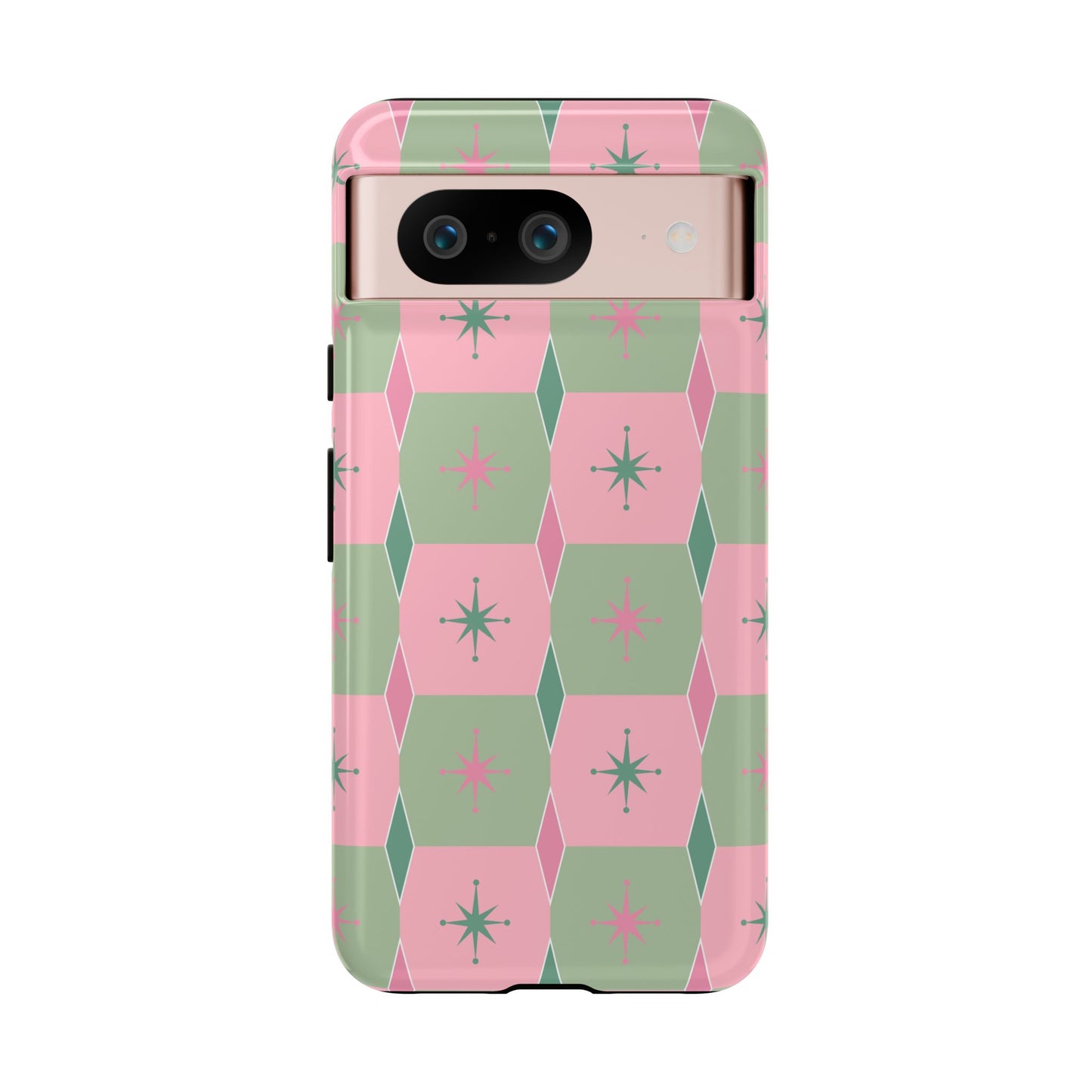 1950s Retro Square and Diamond Pattern in Pink and Green Tough Cases