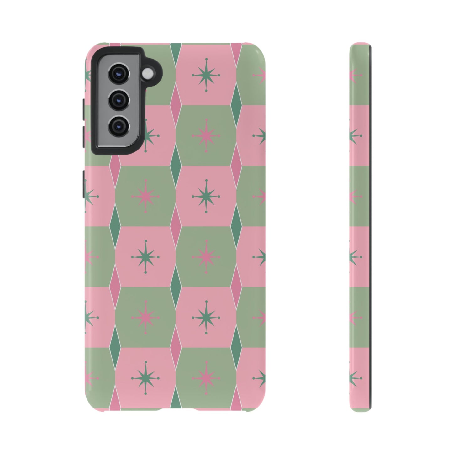 1950s Retro Square and Diamond Pattern in Pink and Green Tough Cases