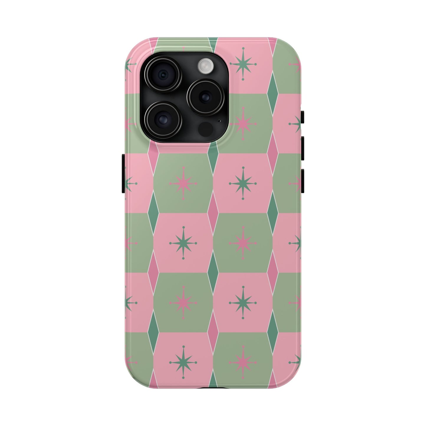 1950s Retro Square and Diamond Pattern in Pink and Green Tough iPhone Cases