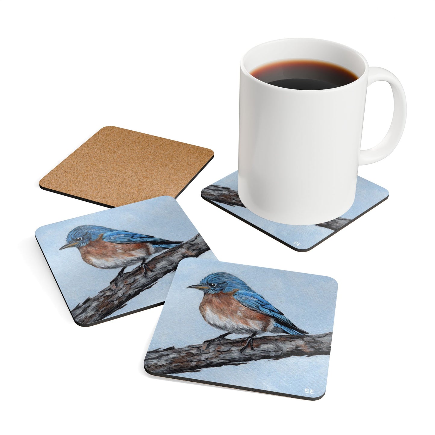 Bluebird Cork Coaster Set — Hand-Painted Bird Art Drink Coasters (4-Pack)