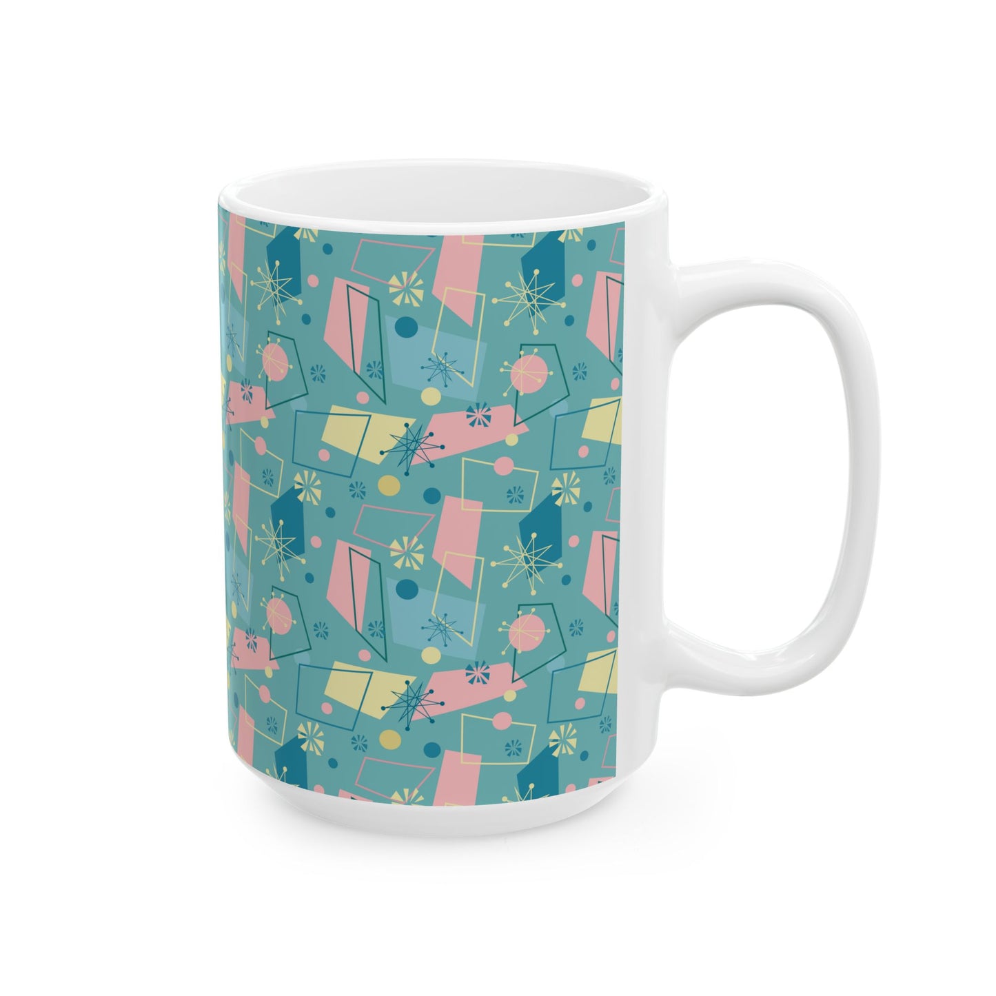 Mid-Century Modern Pattern Ceramic Mug — Retro Teal Atomic Design (11oz/15oz)