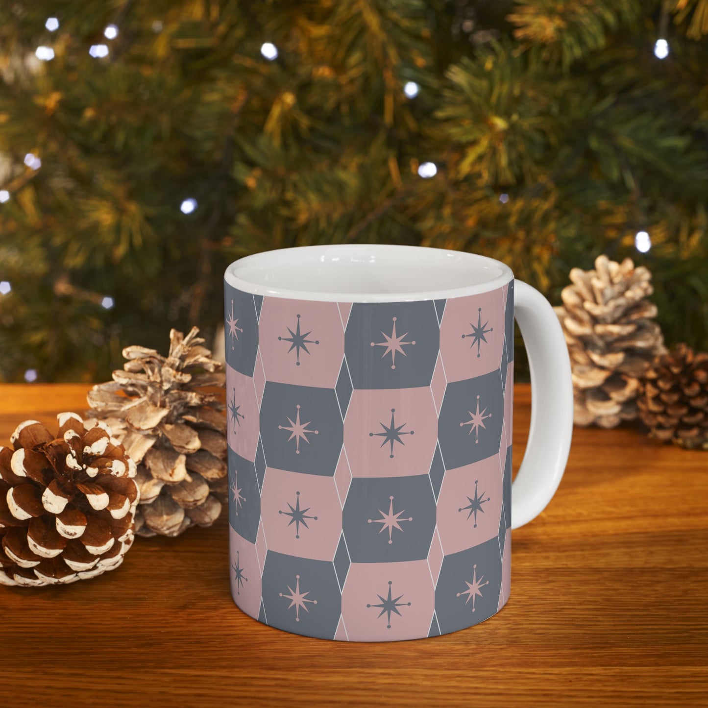 Mid-Century Starburst Ceramic Mug — Pink & Slate Geometric Pattern (11oz, 15oz)