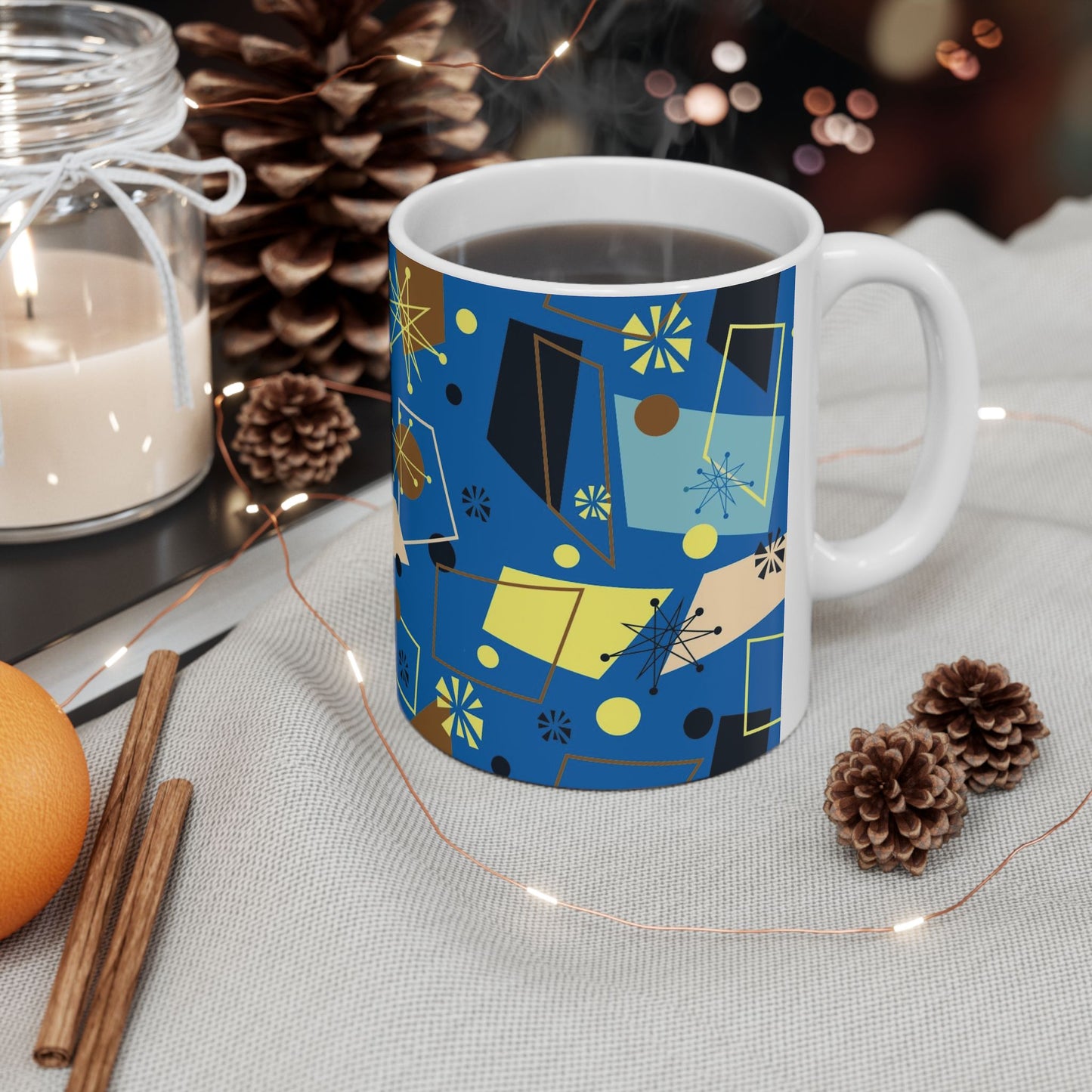 Retro Atomic Blue Ceramic Mug – Mid-Century Modern Geometric Coffee Cup (11oz/15oz)