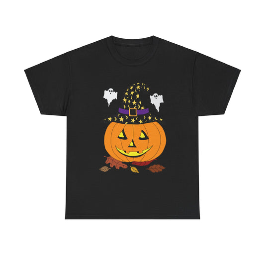 Halloween Jack O' Lantern in Witch Hat Unisex Heavy Cotton Tee