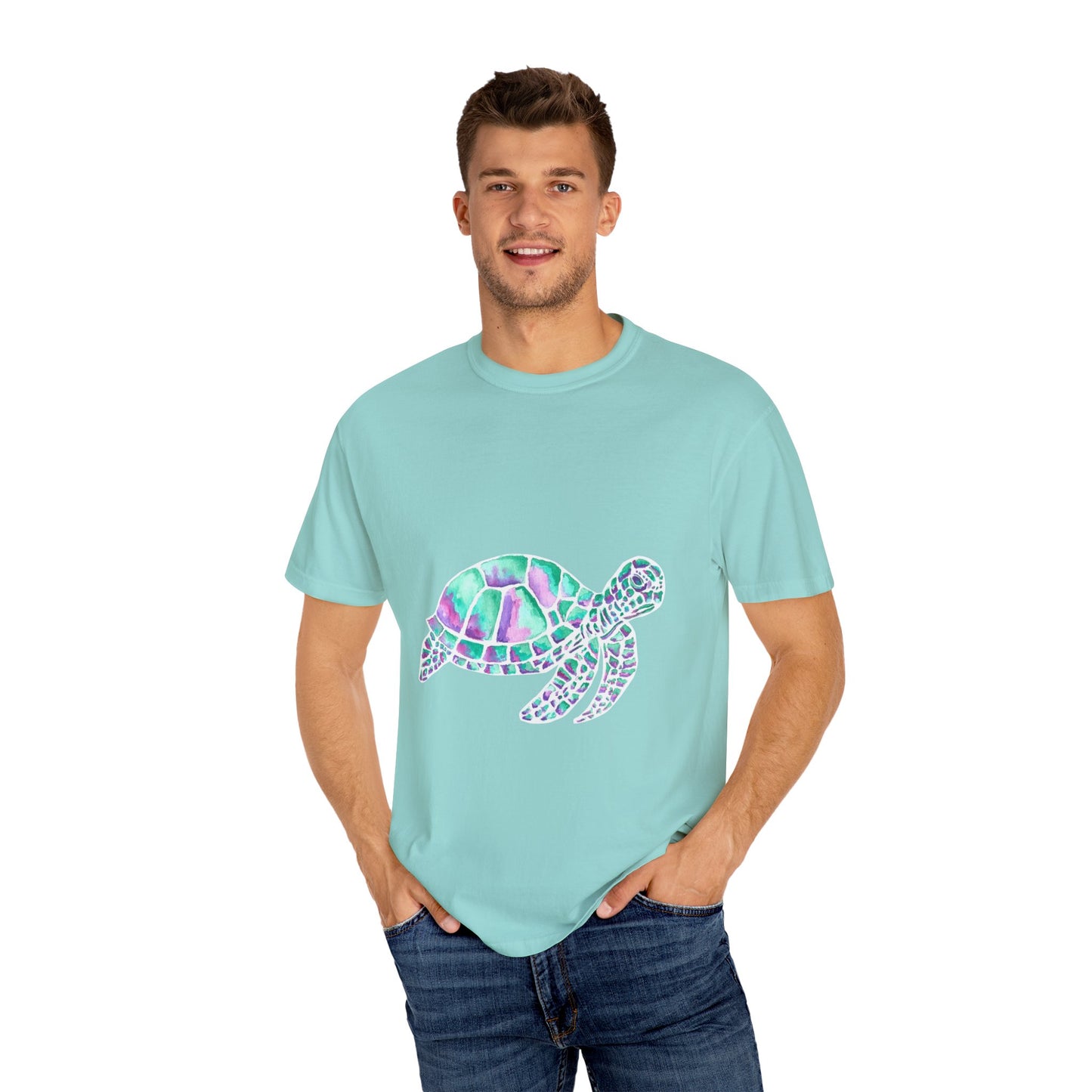 Sea Turtle in Teal and Purple Unisex Garment-Dyed T-shirt