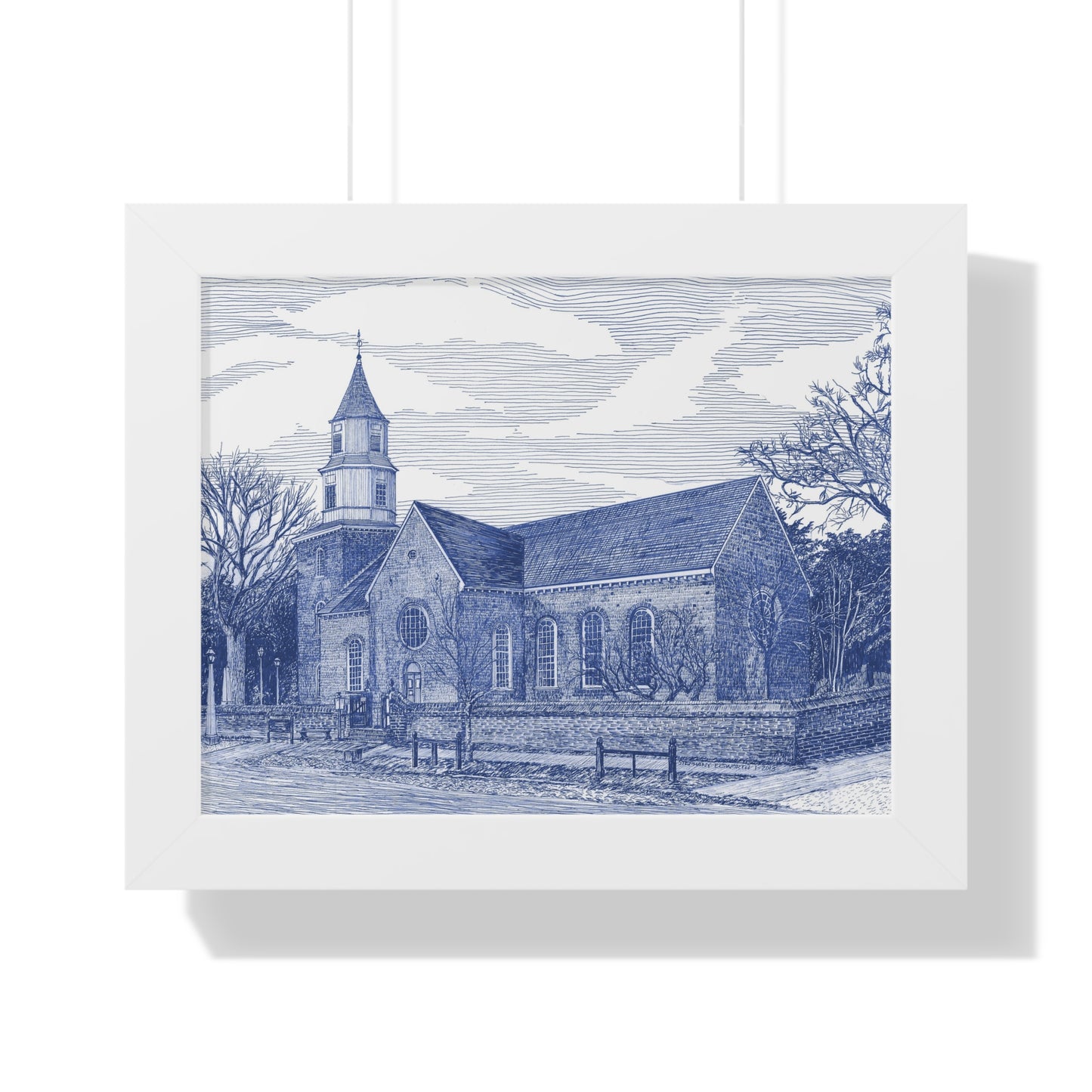 Colonial Williamsburg's Bruton Parish Church in Blue Framed Poster — Blue Architectural Print for Home & Office