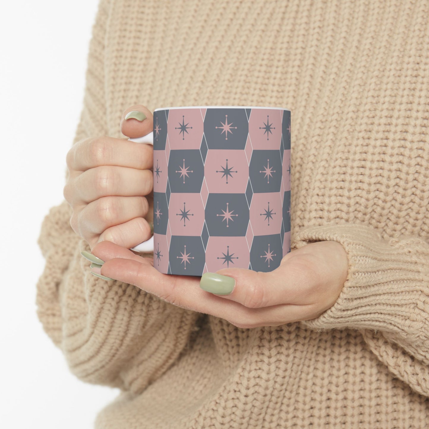 Mid-Century Starburst Ceramic Mug — Pink & Slate Geometric Pattern (11oz, 15oz)