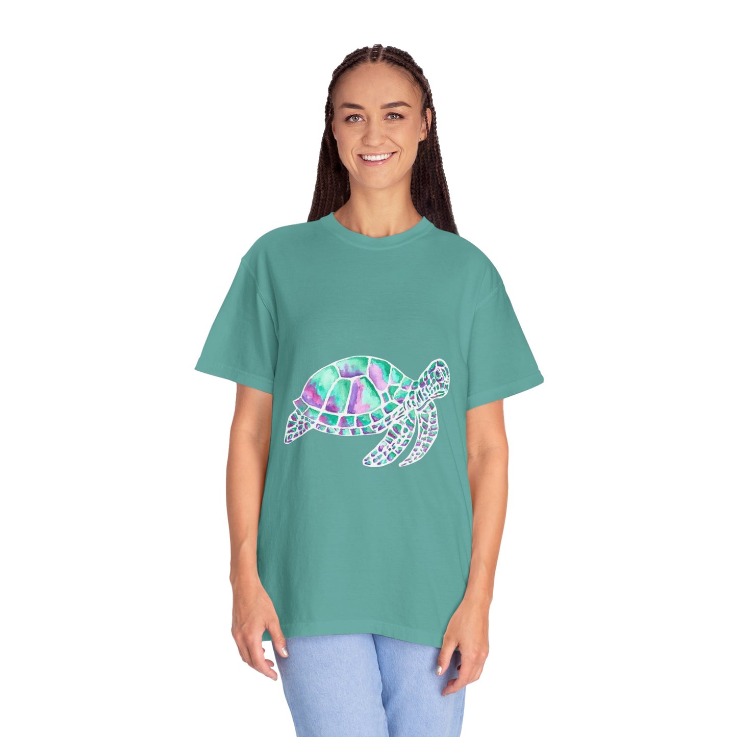 Sea Turtle in Teal and Purple Unisex Garment-Dyed T-shirt