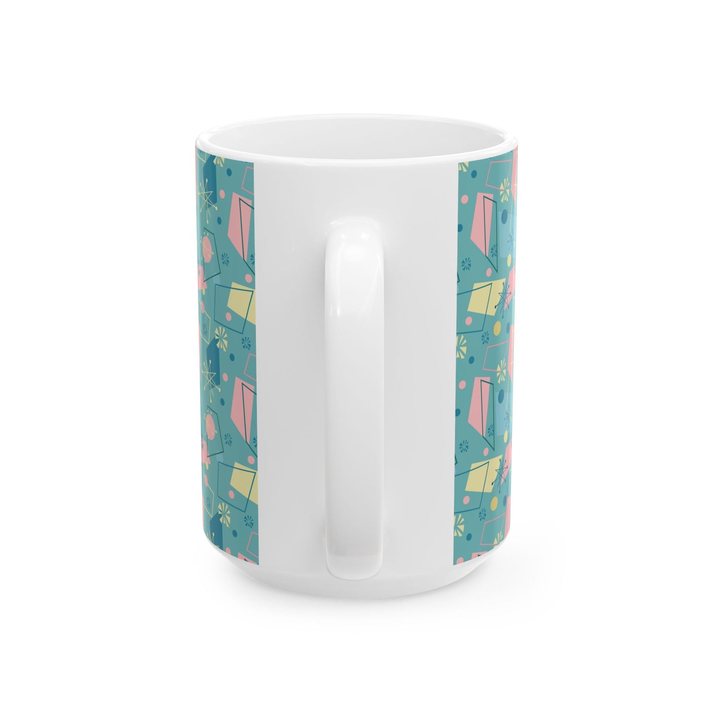 Mid-Century Modern Pattern Ceramic Mug — Retro Teal Atomic Design (11oz/15oz)